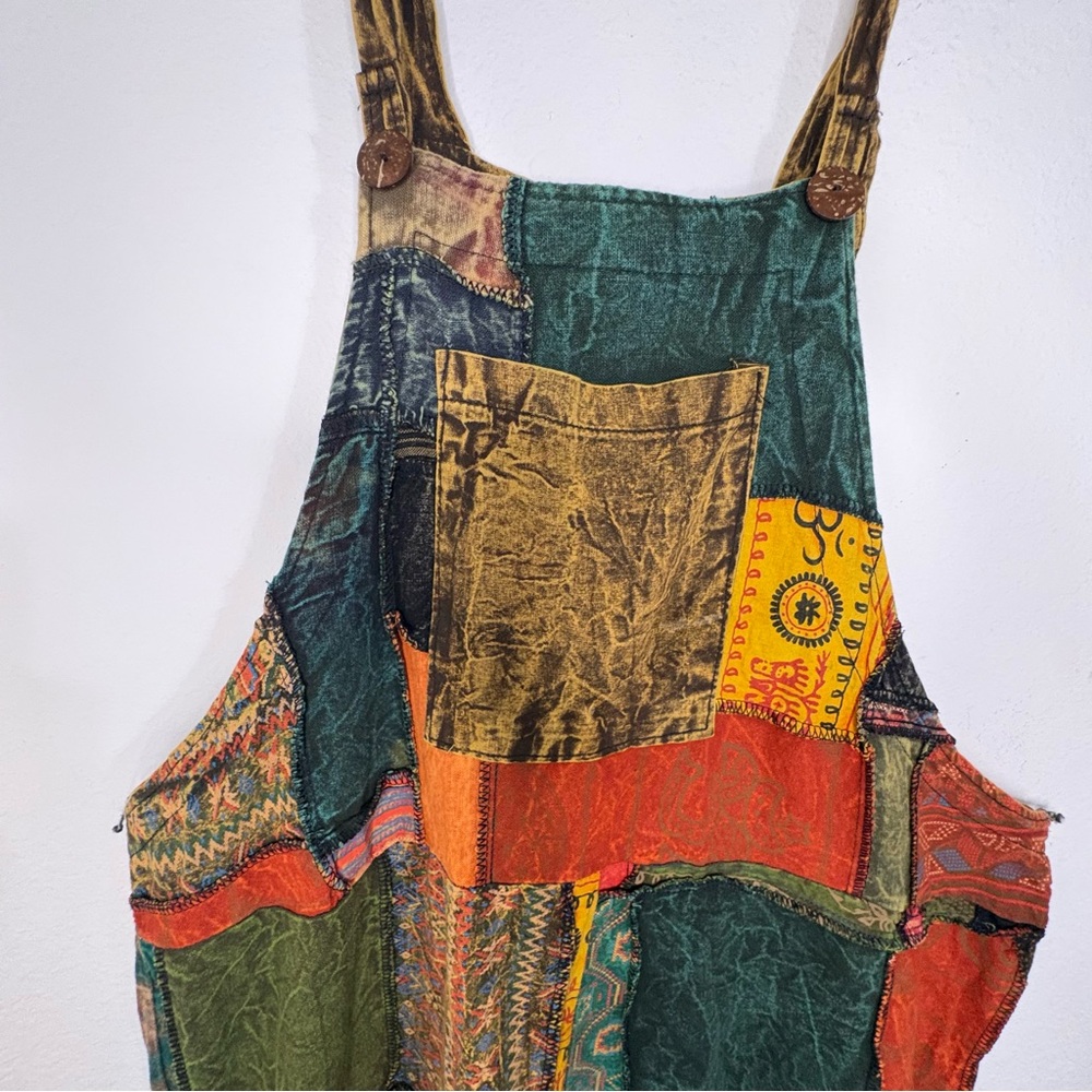 Boho Patchwork Wide Leg Jumpsuit Overalls 100% Cotton - Picture 4 of 16